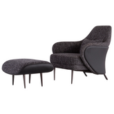 Modern luxury armchair set upholstered in premium cotton linen fabric with matching ottoman and sleek stainless steel frame.